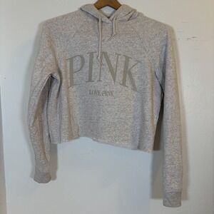 PINK Victoria's Secret Women Sweatshirt XS Gray Cropped Logo Hoodie Pullover